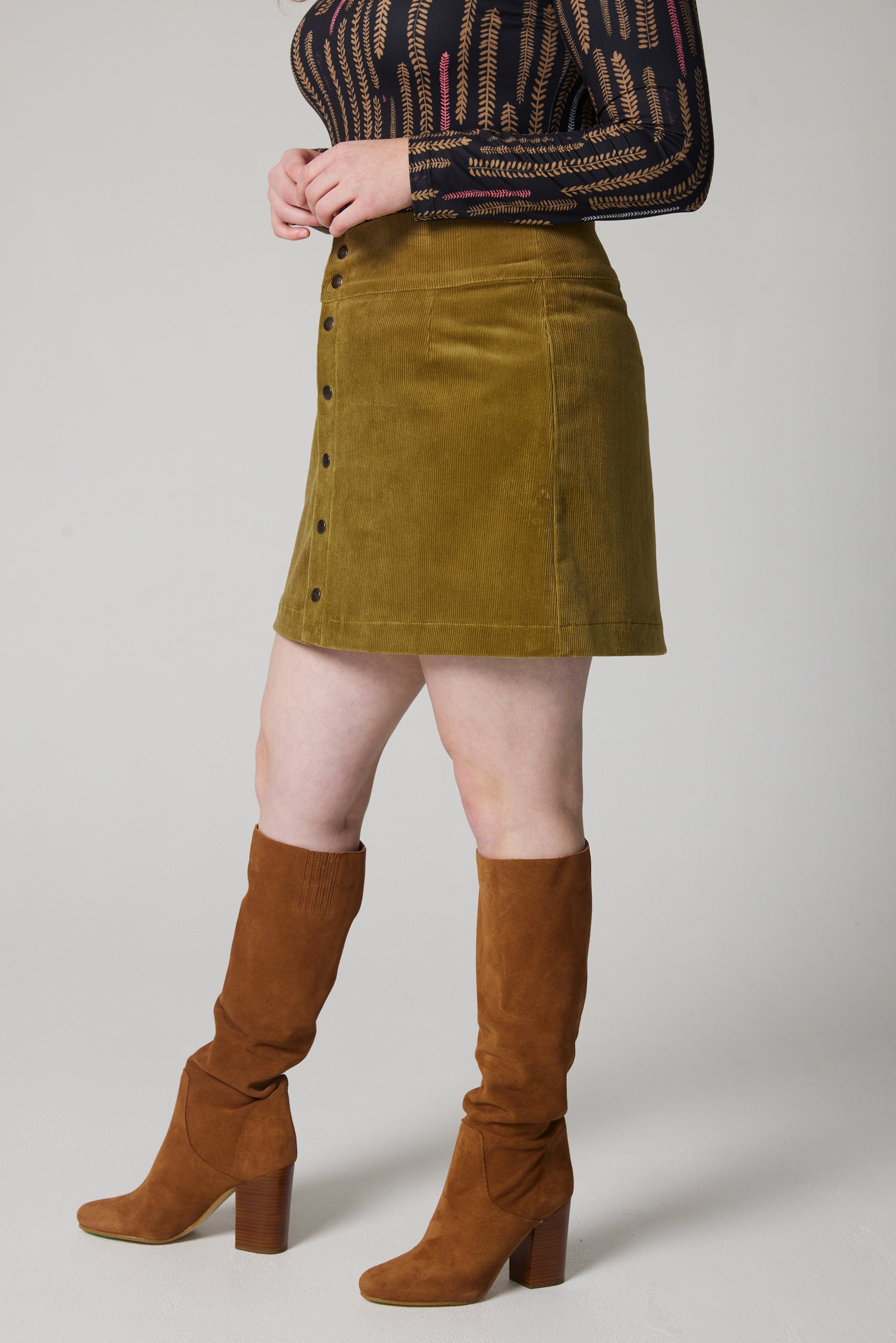 Snap Button Corduroy Skirt - Khaki